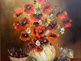painting of a vase of flowers and berries on a table
