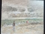 un tableau représentant des personnes marchant sur la plage au bord de l'eau