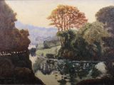 une peinture à l'huile représentant une rivière avec des arbres en arrière-plan