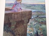 painting of a woman sitting on a ledge overlooking a river