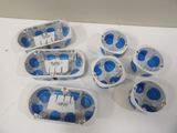 six blue and white plastic containers on a white table
