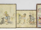 three framed paintings of children playing with toys in a room