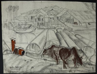 dessin représentant un homme et deux vaches dans un champ, avec un bâtiment en arrière-plan