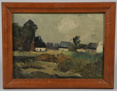 une peinture à l'huile représentant une scène de ferme avec une grange en arrière-plan