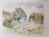 painting of a farm with a thatched roof and a barn in the background