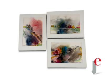 three watercolor paintings of a city and a river in a white frame