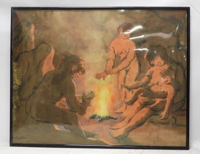 painting of a group of people sitting around a fire in a cave