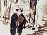 painting of two men walking down a street in front of a building