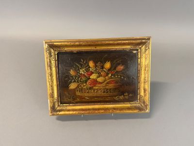 painting of a basket of fruit and flowers on a table