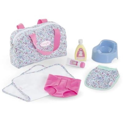 a baby doll set with a diaper, potty pan, diaper bag and diaper