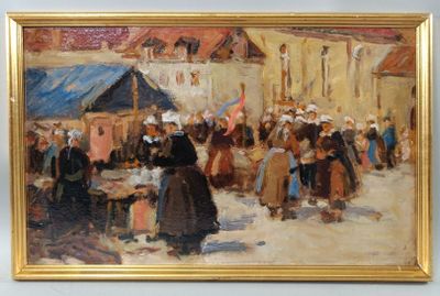École du XXème siècle Scène animée de bretonnes sur un march…
