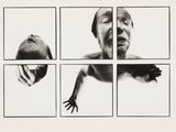 black and white photograph of a man ' s face and hands in four squares