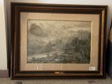 an old picture of a mountain scene with a river in the foreground