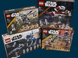 three lego star wars sets are shown on a blue background