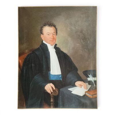 tableau représentant un homme vêtu d'une robe noire, assis à une table