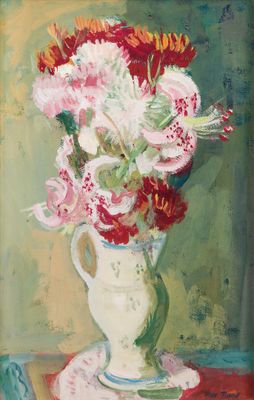a painting of flowers in a vase on a table