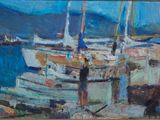 une peinture à l'huile représentant un bateau amarré dans un port, avec une personne debout à côté