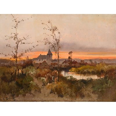 une image représentant un tableau représentant un coucher de soleil sur un village