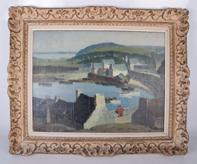 une image représentant une peinture d'une scène portuaire avec un bateau dans l'eau