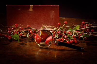 a magnifying glass on a table with a bunch of berries