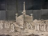 painting of a group of people gathered around a monument in a field