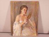 a painting of a woman holding a mirror in front of her face