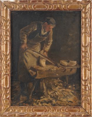 an image of a painting of a man working on a piece of wood