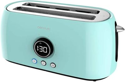 the toaster is blue and has a digital clock on the side