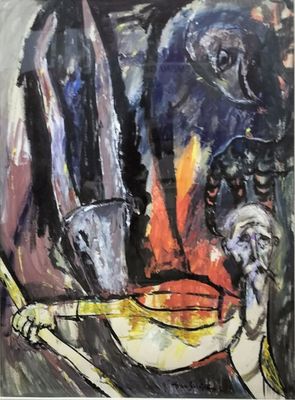 abstract painting of a woman with a bowl and spoon in her hand