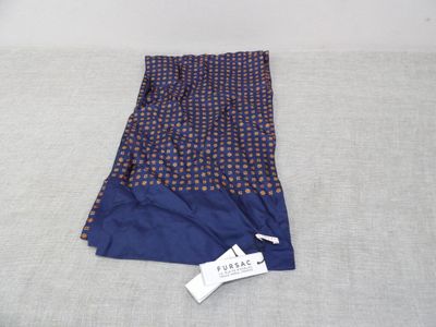 a close up of a blue and brown scarf with a tag on it