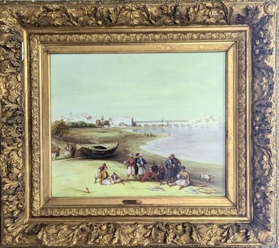 tableau représentant un groupe de personnes sur une plage au bord d'un plan d'eau