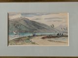 framed watercolor painting of a beach scene with boats and mountains in the background
