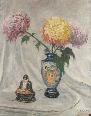 un tableau représentant un vase rempli de fleurs, avec un figuier de Bouddha à côté