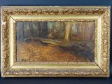 une peinture à l'huile représentant une scène de forêt avec un banc au premier plan