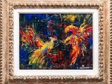 a painting of a rooster in a gold frame on a wall