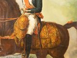 a painting of a man riding a horse with a hat on