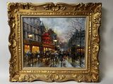 painting of a city street scene with people walking down the street