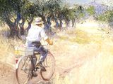un tableau représentant un homme à vélo sur un chemin de terre