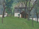 un tableau représentant une maison au milieu d'un champ verdoyant