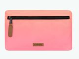 a pink and black clutch bag with a zipper closure