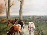 un tableau représentant des vaches en train de boire l'eau d'un ruisseau