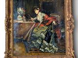 une image représentant un tableau où l'on voit une femme en robe verte assise à une table