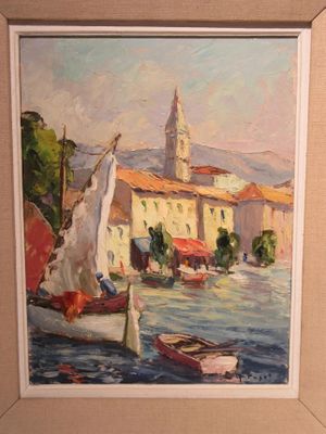 a picture of a painting of boats on the water