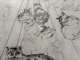 dessin représentant une femme avec des chats dans une pièce où se trouve un chat par terre