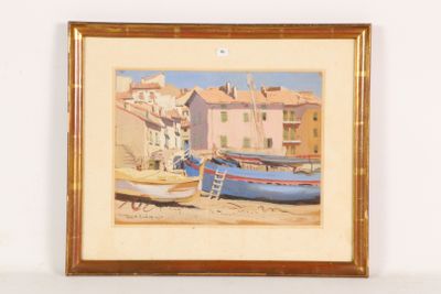 a picture of a painting of boats on the beach