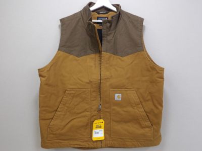 a brown vest with a yellow tag hanging on a hanger