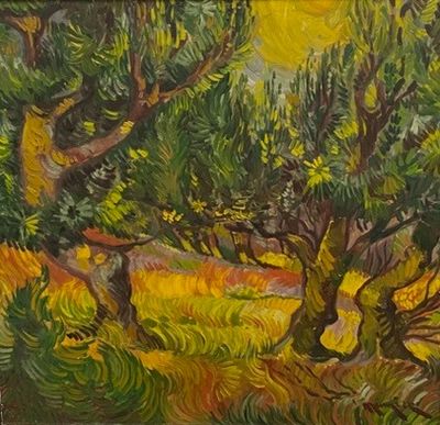 une peinture à l'huile d'un champ avec des arbres en arrière-plan