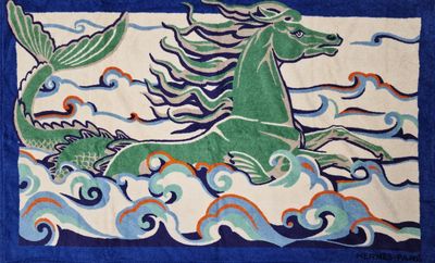 tableau représentant une sirène chevauchant un cheval vert dans l'océan