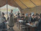 un tableau représentant une femme servant à manger à un groupe de personnes