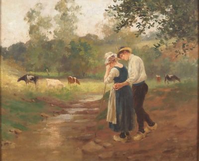 tableau représentant un homme et une femme marchant sur un chemin de terre, avec des vaches en arrière-plan